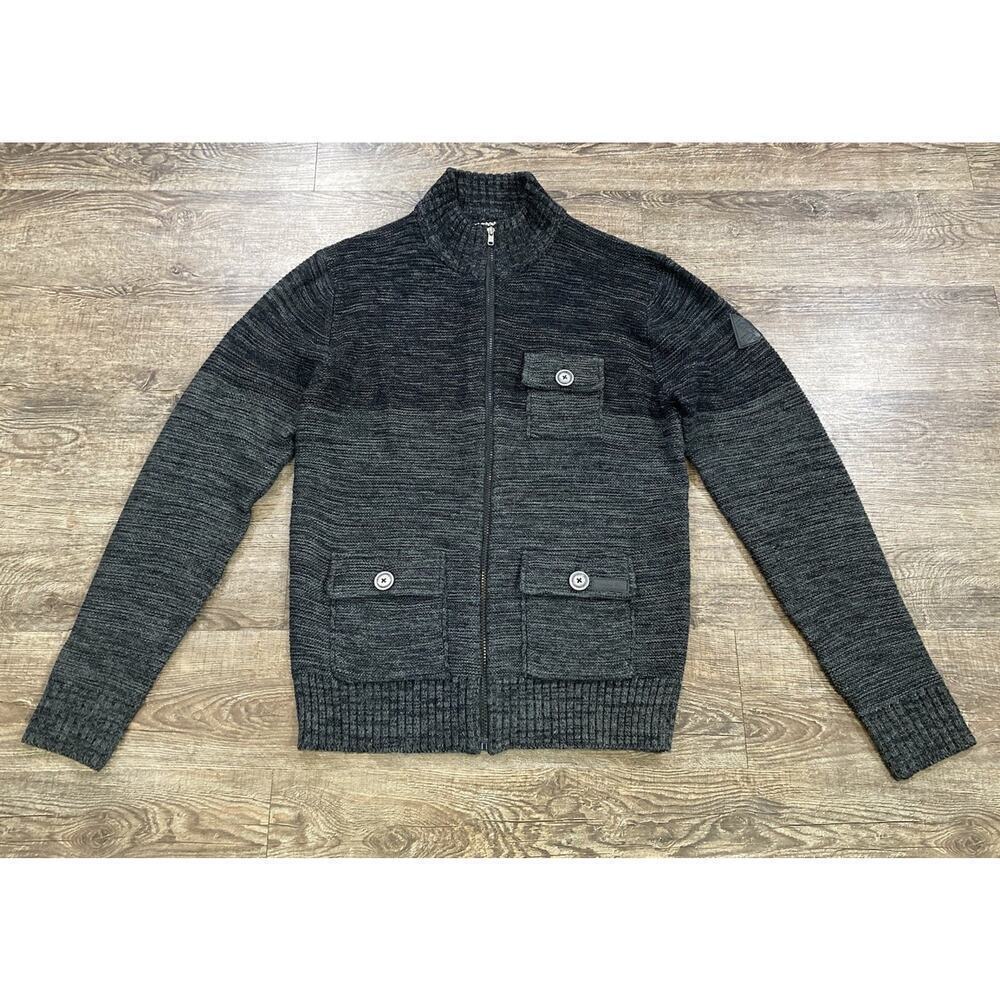 Projek Raw Men's Sweater Full Zip Gray Black Knit Pockets Ribbed Size M